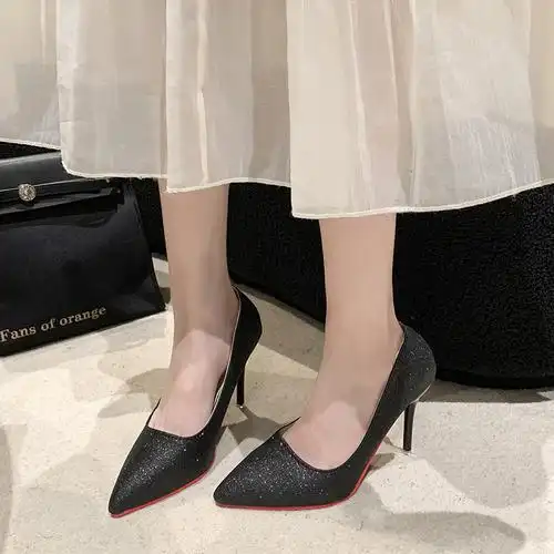 夏季仙女风亮片银色高跟鞋婚鞋女尖头浅口细跟性感夜店单鞋大码鞋