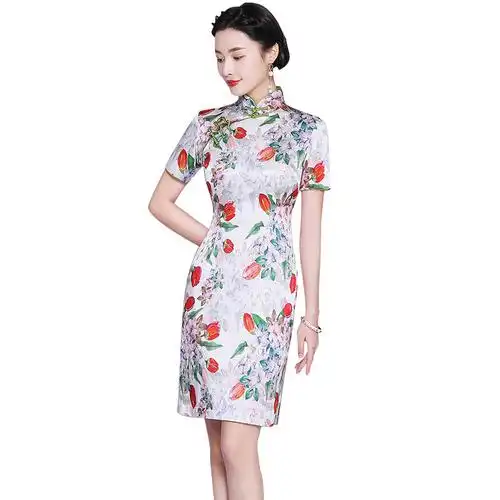 旗袍钱塘佳人浅眉真丝女夏改良2021年新款小个子短款旗袍