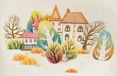 彩铅 风景 房子