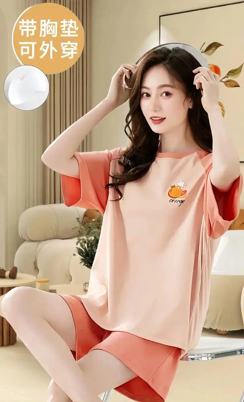 2024年新款带胸垫睡衣女,短袖短裤套装简约夏季家居服套装. - 抖音