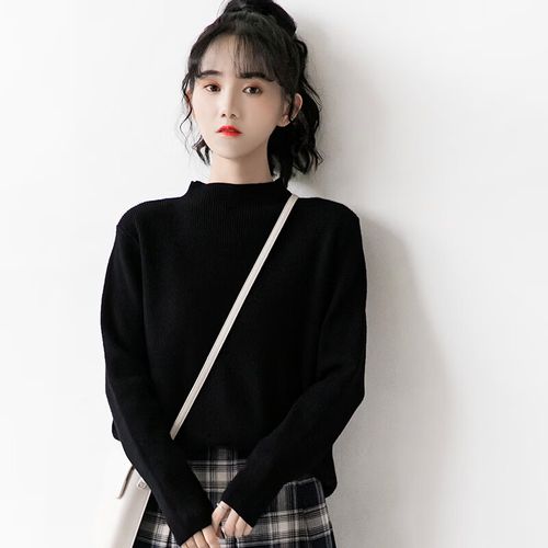 女中学生毛衣十五嵗2022秋冬咖色小半高领简约百搭长袖打底衫学生内搭