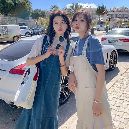 闺蜜套装牛仔姐妹装一对背带短裙裤两件套连衣裙子夏学生一短一长