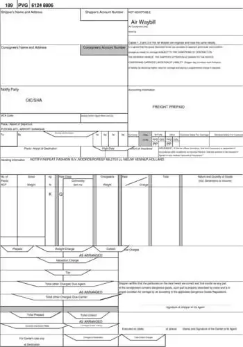 空运提单格式样本
