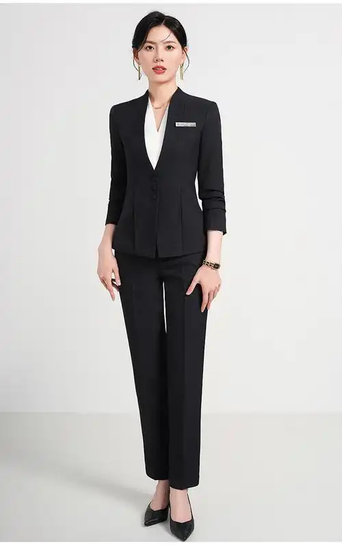 通勤正装单排扣西服套裤女2024秋季新款简约干练气质长袖v领西装 - 17