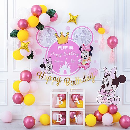 女孩宝宝周岁生日宴布置米妮米奇主题背景墙装饰百天满月气球海报
