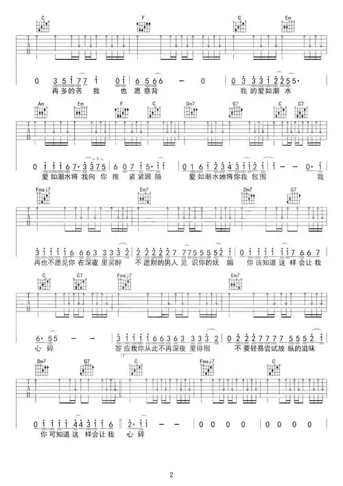 《爱如潮水》吉他谱_张信哲_c调弹唱六线谱_高清图片谱