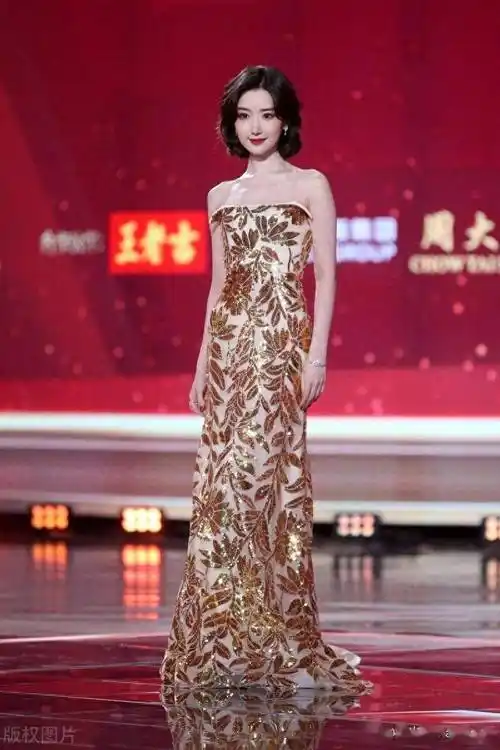 毛晓彤一袭无袖抹胸刺绣长裙时髦修身_北京_中国_盛典