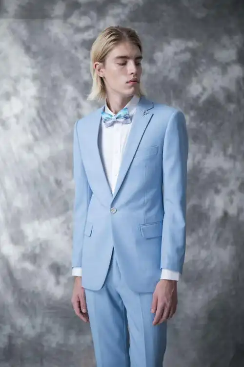 神秘蓝男仕礼服风格:休闲西装男士浅蓝色进口全羊毛西服休闲套装收藏