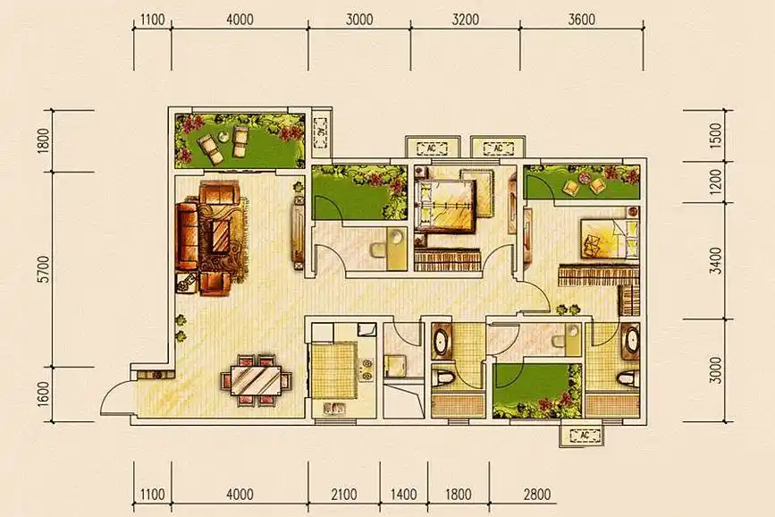 地中海田园简约混搭三居80后户型图