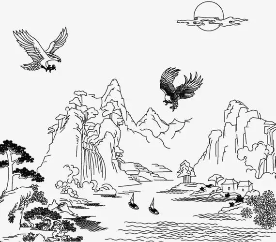 手绘白描山水简笔画