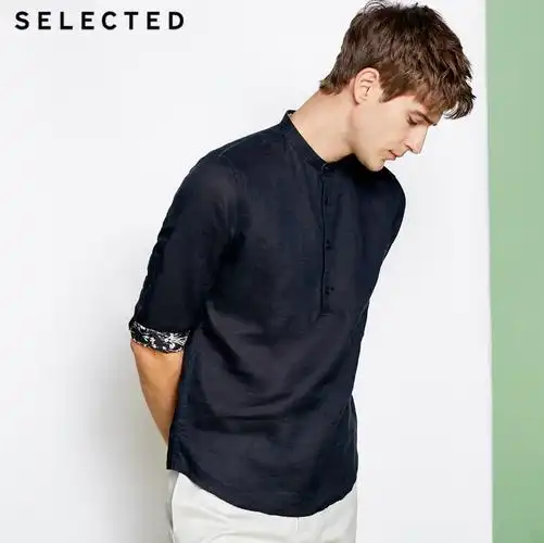 selected思莱德新款男亚麻立领商务休闲七分袖衬衫 上新特惠价224.