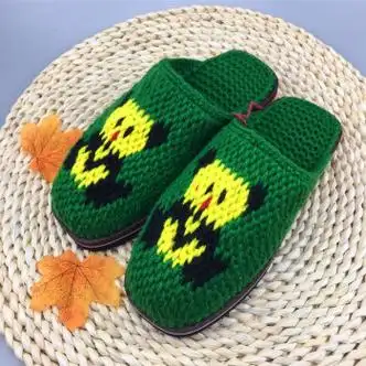 毛线拖鞋男冬季手工编织男拖钩中式婚嫁居防滑成品 绿色 毛线拖绿熊猫