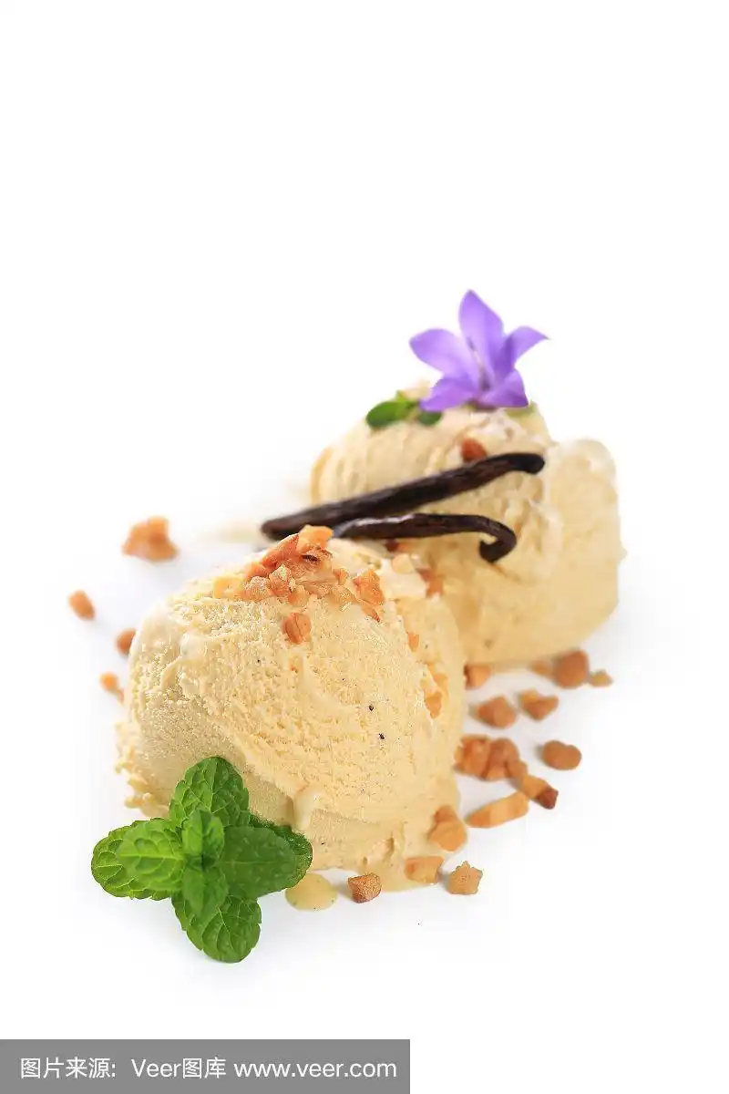 香草冰淇淋,球体,白色,分离着色,薄荷叶