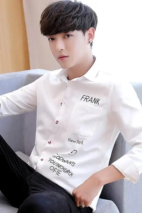 男士长袖衬衫男韩版春夏季潮流帅气白衬衣修身网红发型师休闲纯色