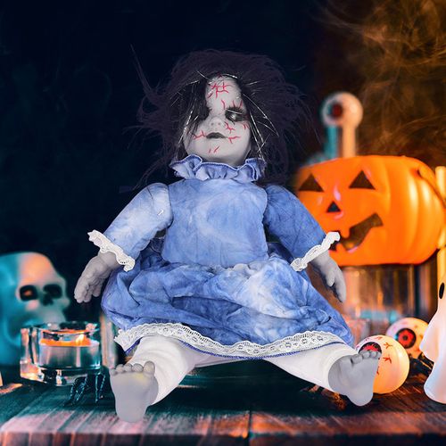 万圣节可定制坐姿鬼娃娃会发光发声恐怖派对装饰摆件道具吓人玩具