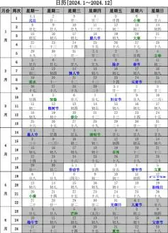 2024年日历(含2024年农历,2024年周历,2024年节气)