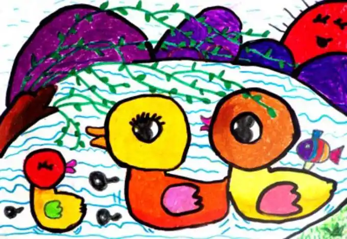 小鸭子幸福的一家水彩画_儿童画的作品图片观赏
