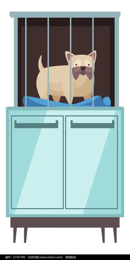 卡通管在笼子里的小狗