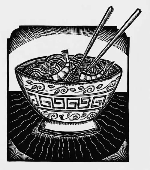 海鲜,面食,面条,无人,竖图,黑白,插画,室内,白天,白色背景,正面,烹饪