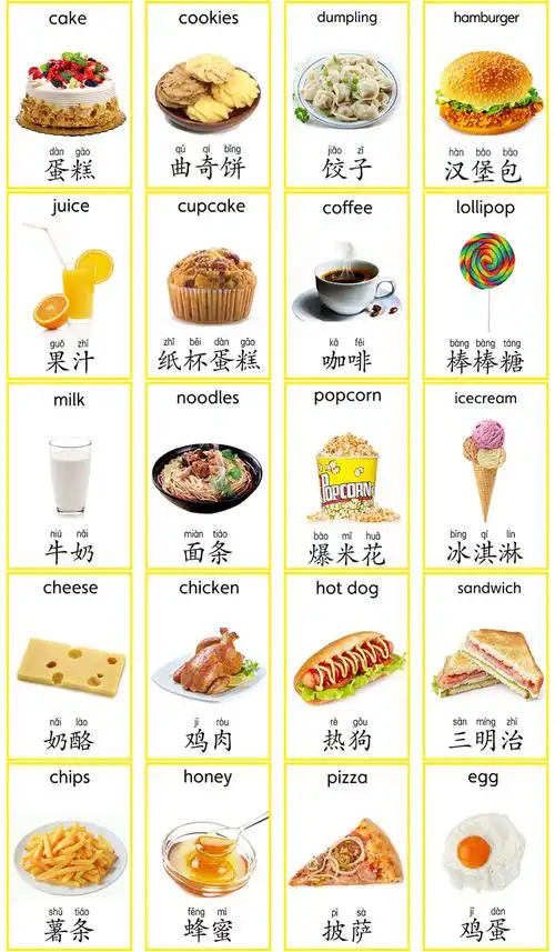 食物认知英语单词卡片早教启蒙汉字拼音幼儿早教闪卡