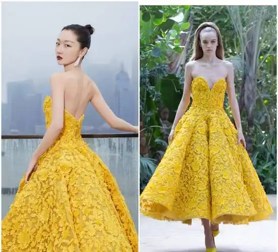 微博之夜女星争相穿黄色高定,倪妮太高级了_礼服_裙摆_的设计