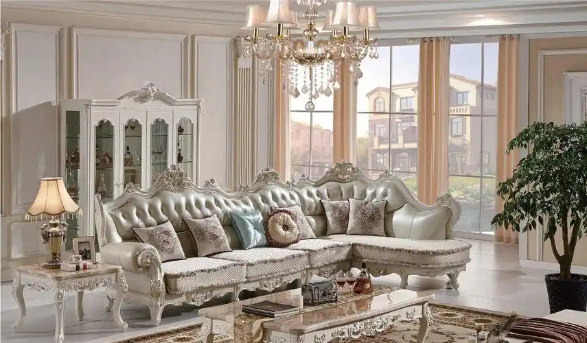 香槟金色/白色经典豪华l型沙发套装客厅真皮实木框架沙发 - buy sofas