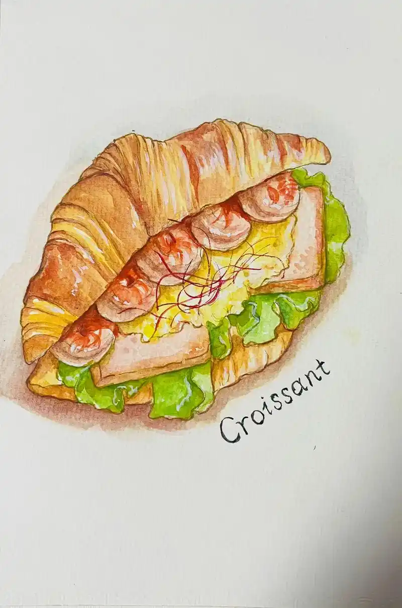 水彩 #治愈画风 早餐|虾仁滑蛋可颂三明治,附上步骤图 - 抖音
