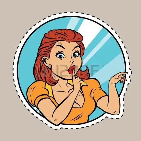 嘘手势美丽的年轻女子流行艺术复古漫画矢量插图沉默标签贴纸