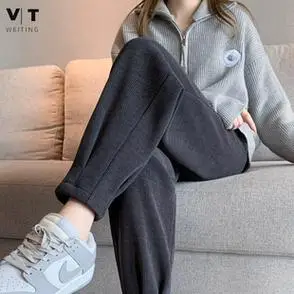 小个子哈伦裤深灰色运动裤女春秋新款奶奶萝卜裤休闲灯芯绒卫裤