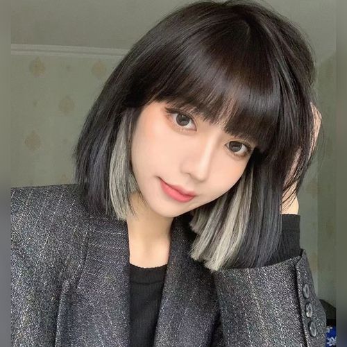 假发短发女时尚挑染减龄锁骨发lisa同款挂耳染短直发自然全头套式