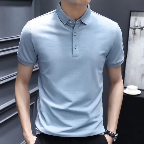 领有领带领子的t恤男短袖色polo商务休闲上衣服青年夏天搭半袖 浅蓝色