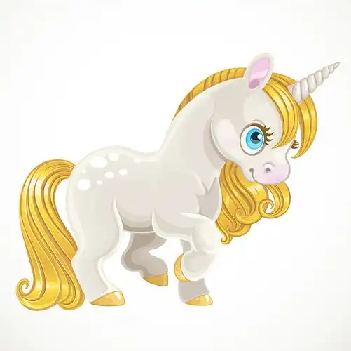 可爱的白色独角兽站在金色的鬃毛上图片