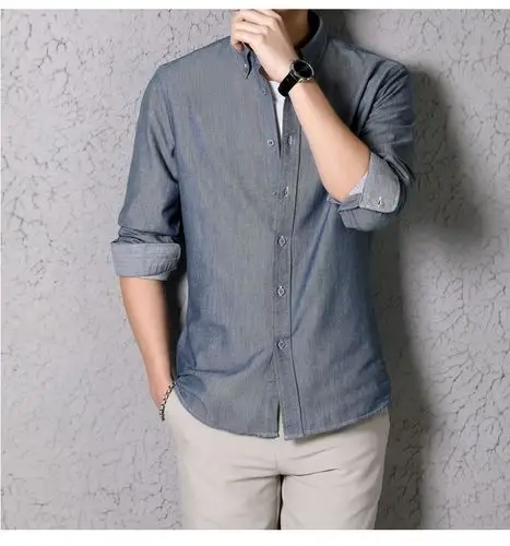 纯棉长袖衬衫男帅气休闲中青年韩版磨毛男士装寸衬衣男式上衣 782深蓝