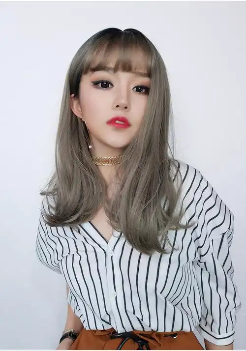 青木亚麻灰空气刘海假发女长直发内扣中长发微卷网红梨花卷长发套