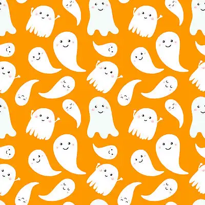 与可爱的小卡通鬼的无缝模式.橙色背景上的白色鬼魂.万圣节插图.