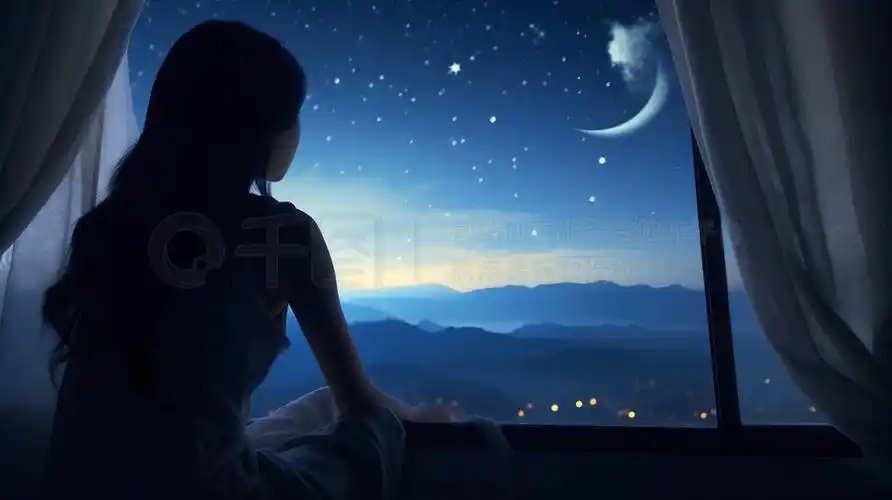 独居生活日常场景人像摄影图在卧室的窗户边,一个人静静地欣赏着夜空