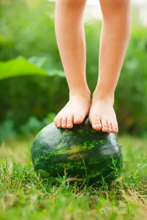 光着脚的小宝宝站在草坪上的西瓜上