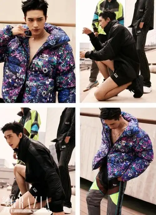 许魏洲the darjeeling flowers 系列印花羽绒服拼色尼龙运动裤黑色充