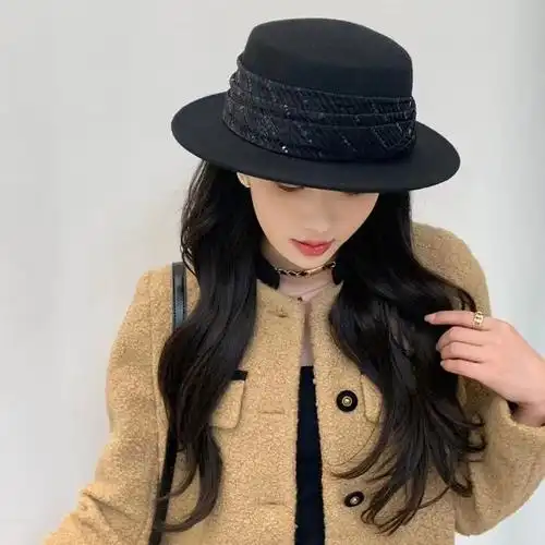 秋冬新款名媛羊毛呢法式礼帽女平顶小沿英伦时尚盆帽逛街游玩帽子