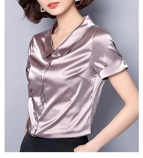 缎面衬衣女2018新款韩版短袖重磅真丝桑蚕丝上衣洋气丝绸衬衫潮