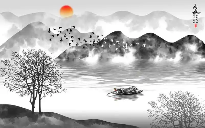 壁画黑白意境山水