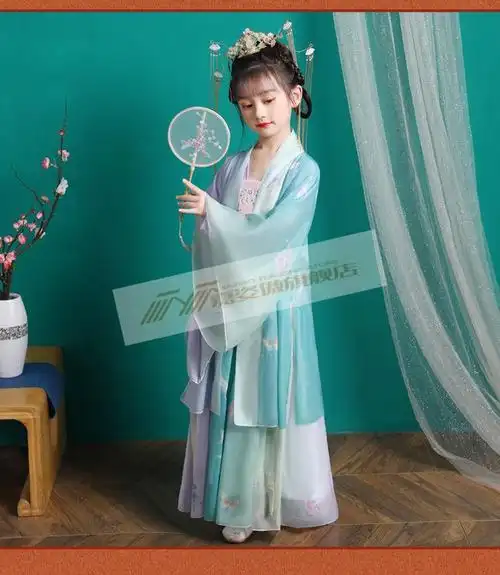 儿童女学生10岁文艺清新连衣裙春装仙女古装裙子中国风公主长裙802