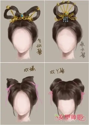 古代发髻盘发,刘海部分的设计看上去更加美丽,是用丝带梳绑出的发型