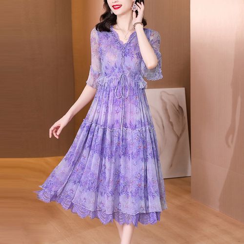 贵夫人真丝连衣裙女夏季2022新款仙女超仙裙子桑蚕丝紫色碎花长裙