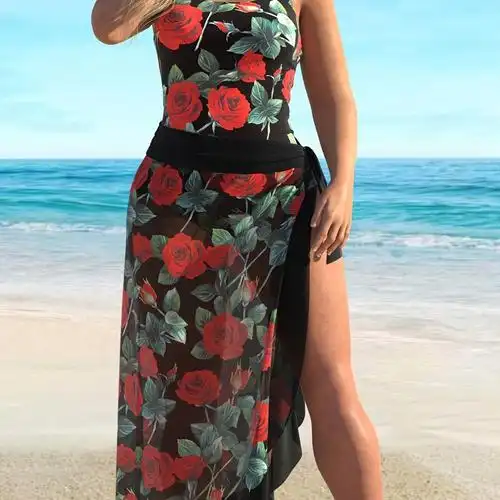 跨境外贸temu速卖通亚马逊2024新款女士黑色玫瑰花色性感分体泳衣