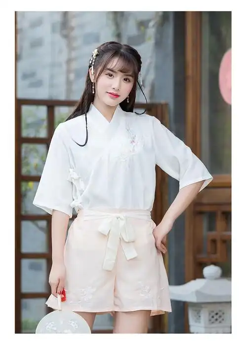 雅雯菲20188826新款古风汉元素改良汉服刺绣花交领上衣 裤裙 软妹套装