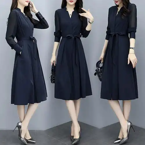 女装连衣裙2021新款v领收腰裙子时尚春秋季