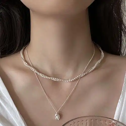 甜美双层碎银珍珠项链女叠戴百搭花生吊坠锁骨链ins风小众颈链潮