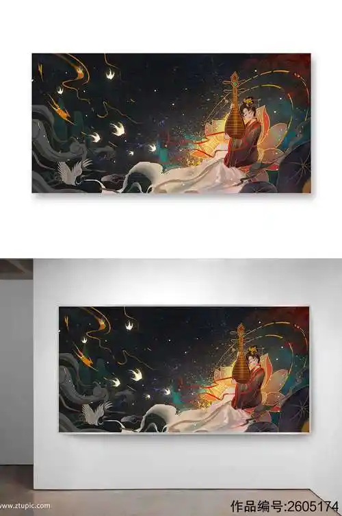 中国风古代美女弹琴手绘插画海报