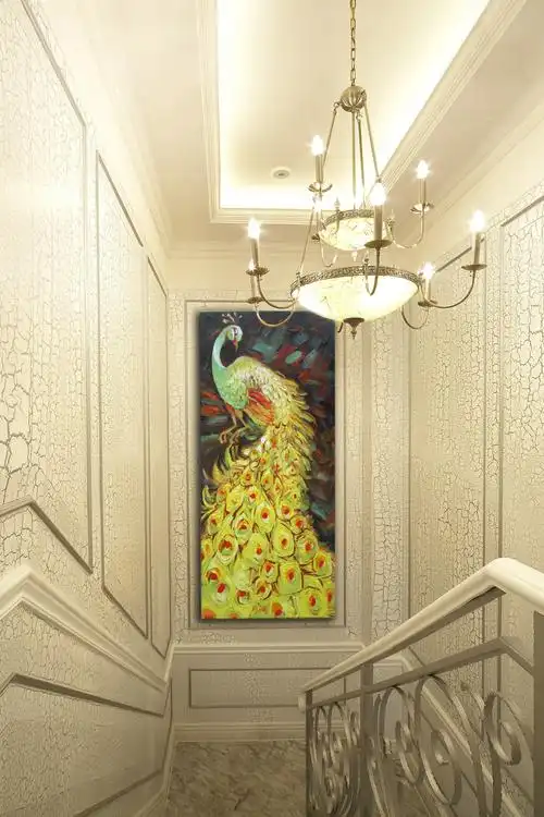 金色孔雀 过道走廊 楼梯转角平台 配画 高端大气上档次手绘画
